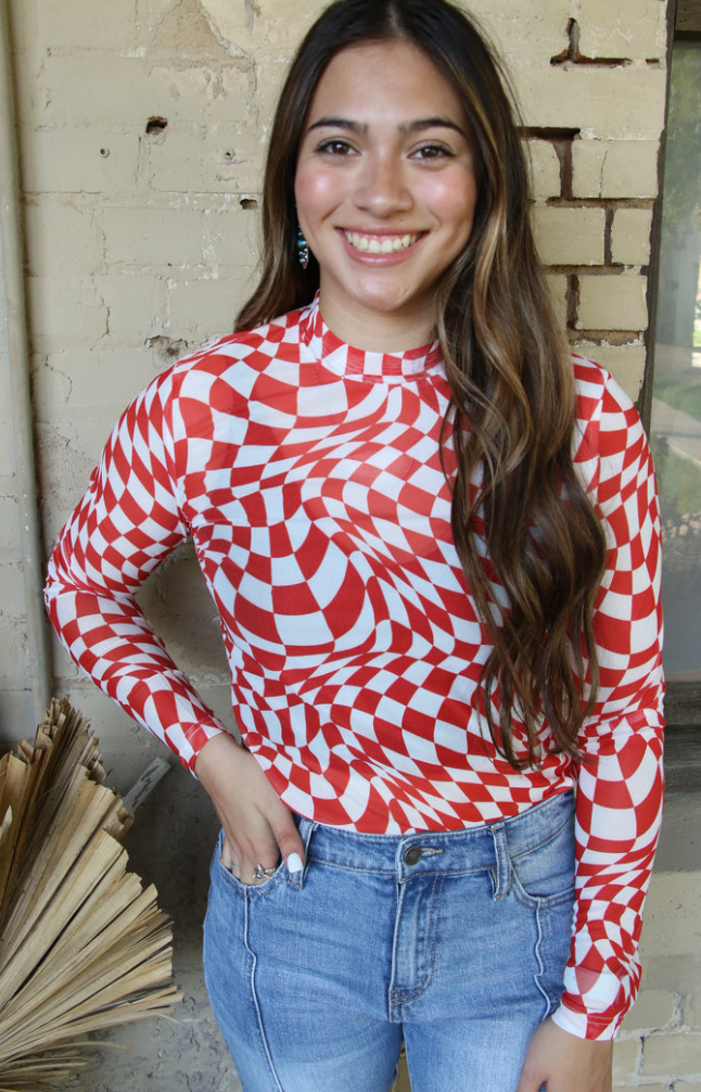 Red Wavy Mesh Top