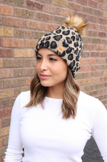 Leopard Knit Beanie W/Pom