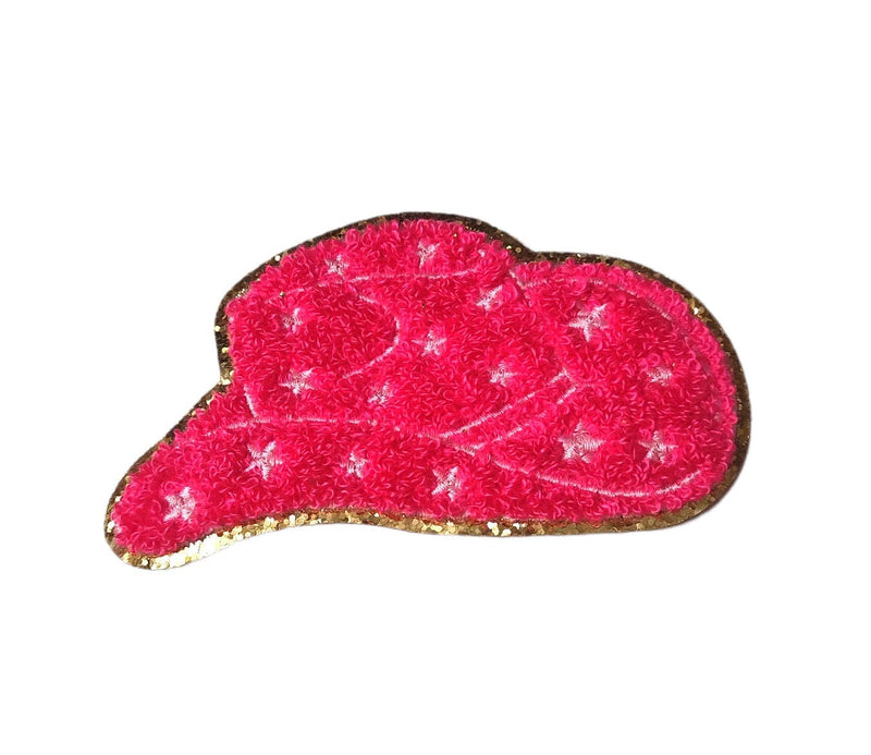 Small Neon Pink Cowboy Hat Chenille Gold Glitter Iron On Pat