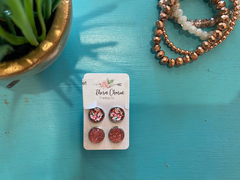 Pink Floral Earring Set